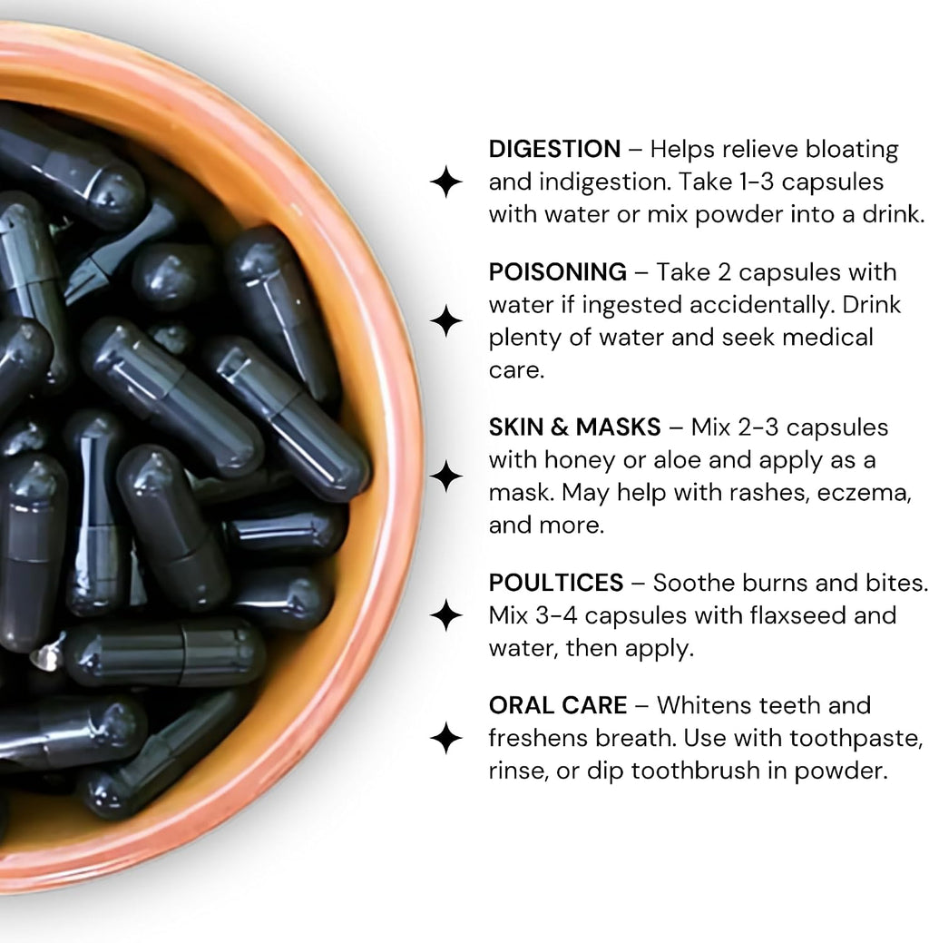 schizandu organic activated charcoal capsules, coconut shell, 210, side view