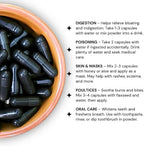 schizandu organic activated charcoal capsules, coconut shell, 210, side view