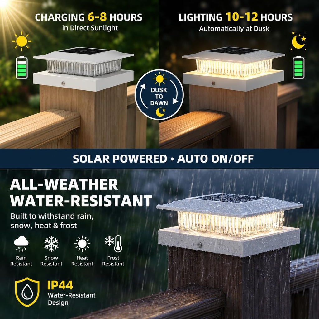 4x4 Solar Post Cap Lights,12 Pack Fence Post Solar Lights with 2 Color Modes for 4x4 Vinyl Post or 3.5x3.5 Wood Posts, Waterproof Dusk to Dawn Outdoor Lighting for Deck, Garden & Porch Decor, White