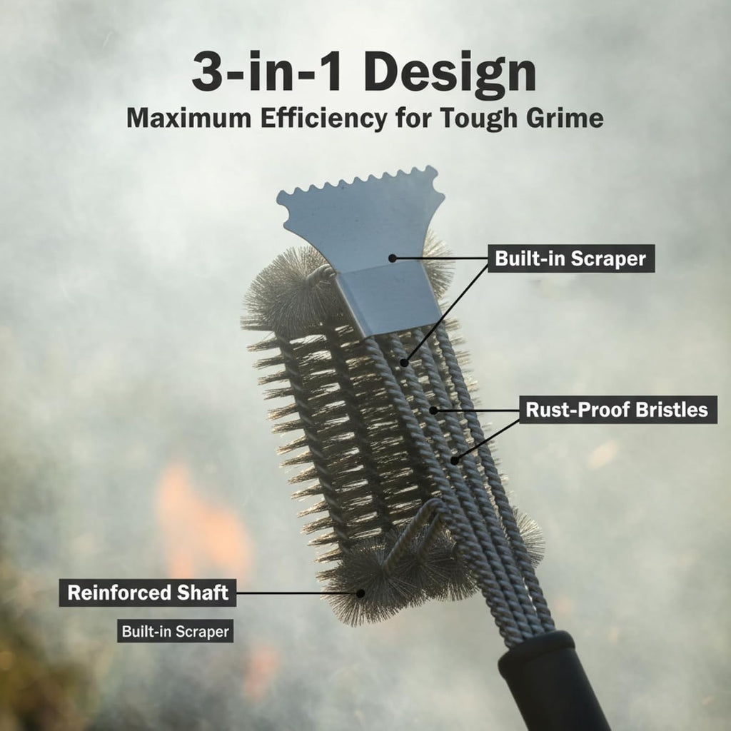 Grill Brush with Scraper, 18" Handle BBQ Accessories for Outdoor Grill, Safe Wire Scrubber, Universal Fit BBQ Cleaner for All Grates