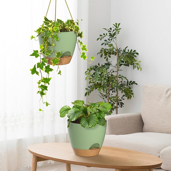 ZMTECH 8 Inch Hanging Planters for Indoor Outdoor Plants, 2 Pack Self Watering Hanging Plant Pots with Drainage Holes and Removable Saucer, Plastic Flower Hanging Pots with Watering Lip (Green)