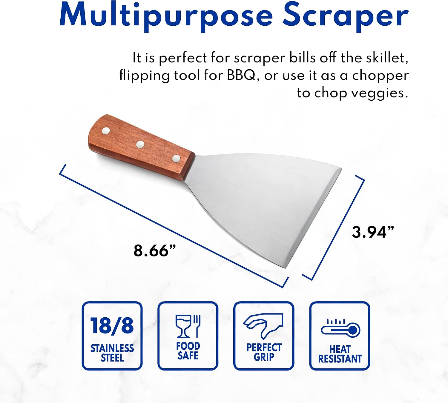 New Star Foodservice Stainless Steel Slant Edge Grill Scraper with Wood Handle, 4 x 8.5 Inch Restaurant Grade Griddle Scraper, Flat Top Scraper, Grill Cleaning Tool
