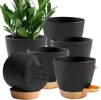 6-Pack Plant Pots with Drainage 5 Inch, Self Watering Pots for Indoor Plants, Planters for Indoor Outdoor Plants, Plastic Flower Pot, Planter for Indoor Outdoor (Black)