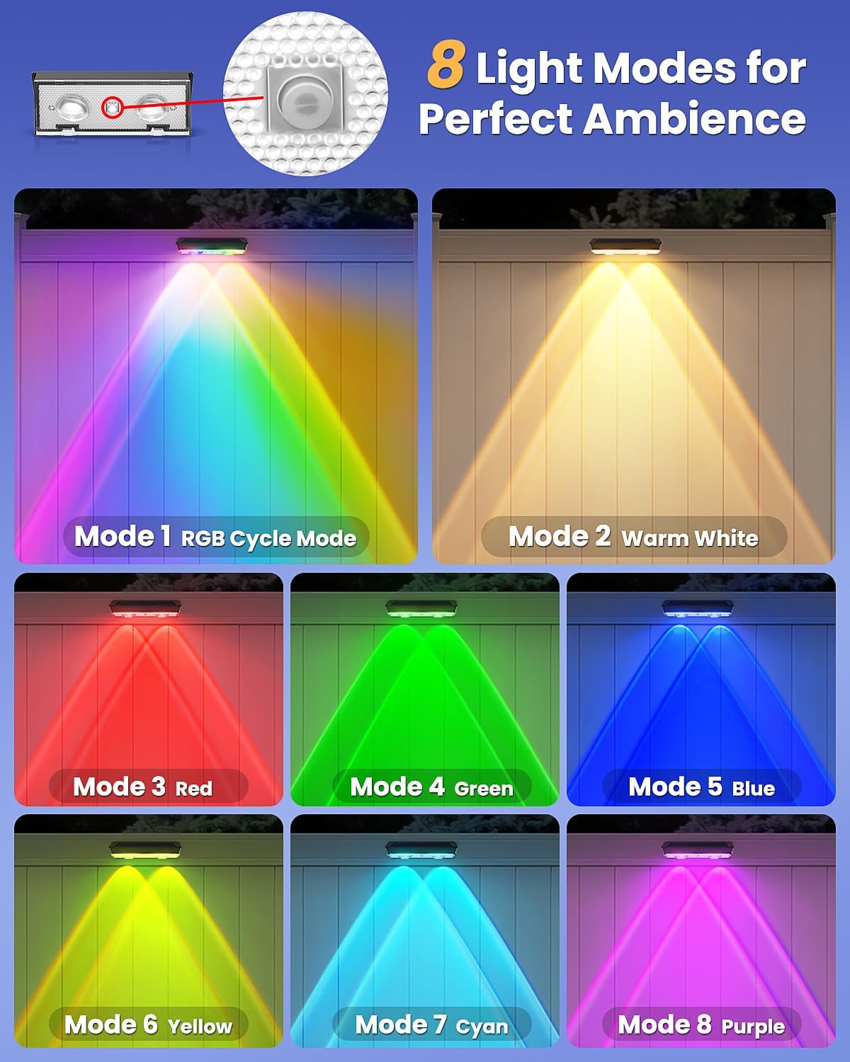 Solar Fence Lights Outdoor, 10 Pack Warm White/RGB Fence Solar Lights with 2 LED, IP65 Waterproof, Backyard Patio Decor for Deck, Wall, Railing, Pool, Stair
