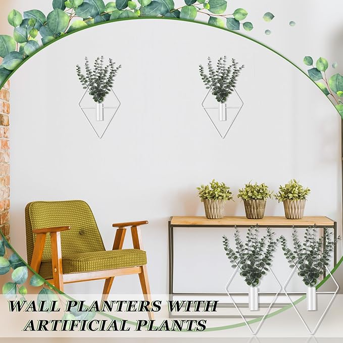 Jexine 8 Pcs Hanging Planters with Artificial Eucalyptus Metal Hanging Vase Indoor Plants Holder Modern Geometric Boho Bathroom Wall Decor for Living Room Home Office (Eucalyptus,White)