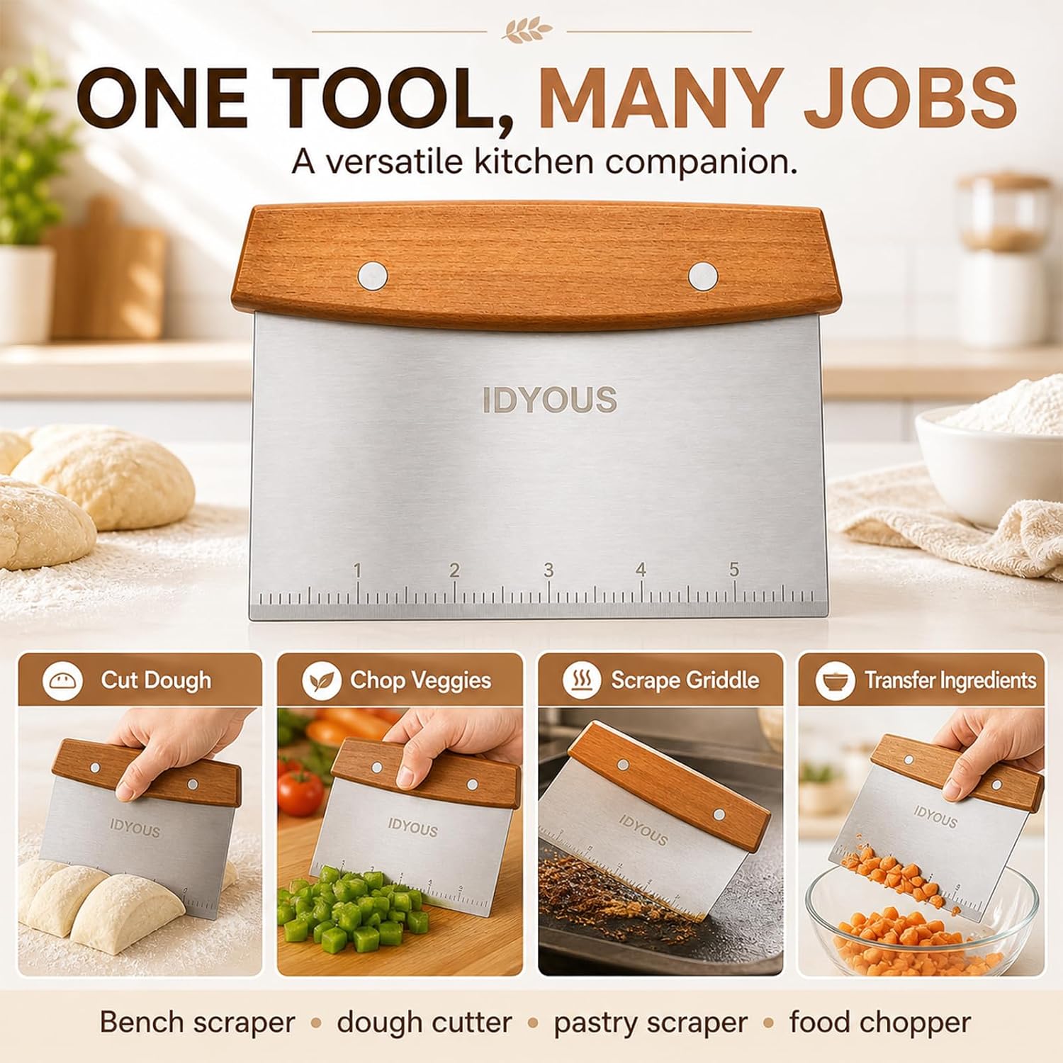 Bench Scraper and Dough Cutter, Stainless Steel Bread Cutter | Measurement Marks, Kitchen Tool for Flat Top Grill, Bread, Pizza and Baking