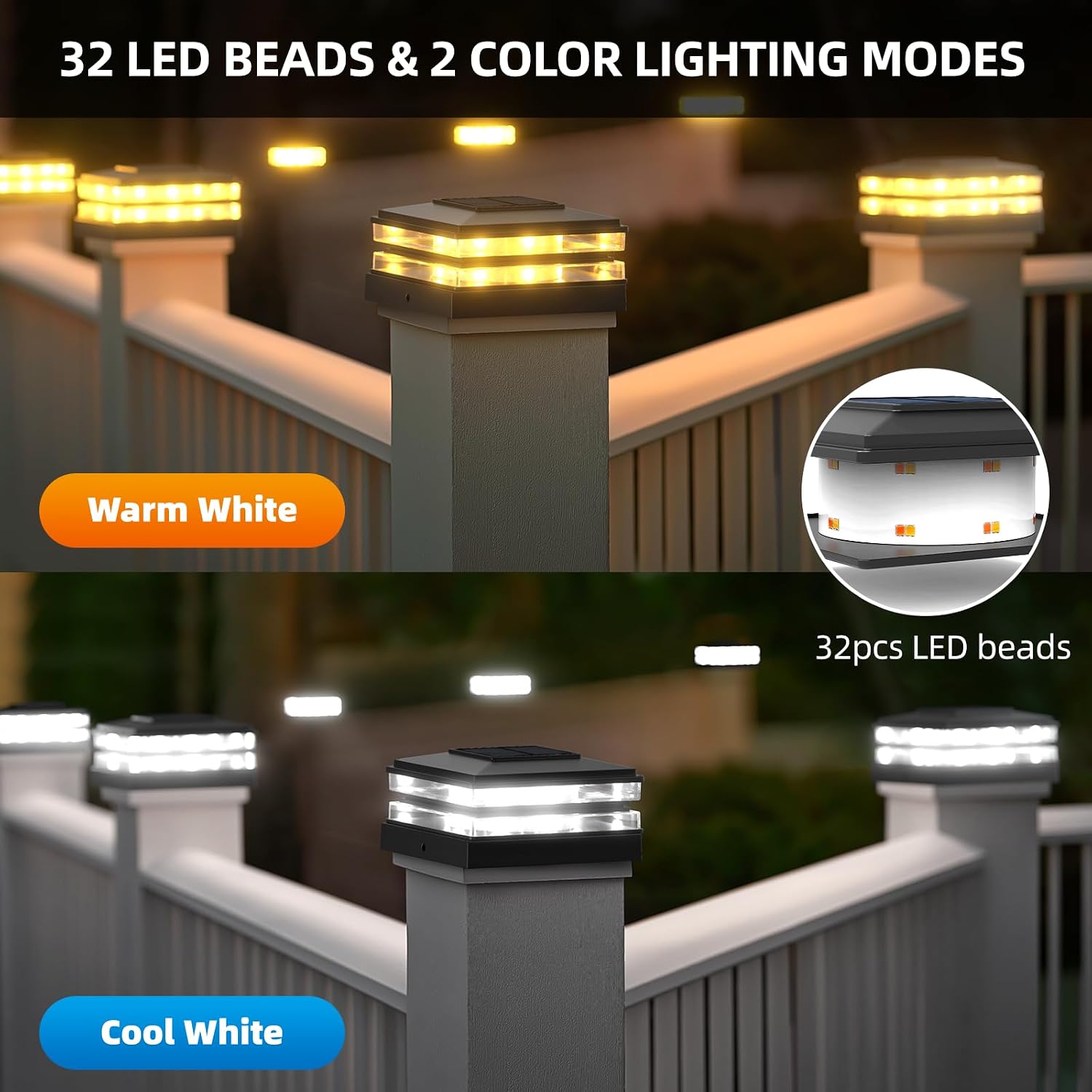 12 Pack Solar Post Cap Lights Outdoor Waterproof, Warm & Cool White, Black | Fits 4x4 Wooden and Vinyl Posts,Fence Deck Post Lights, High-Brightness LEDs