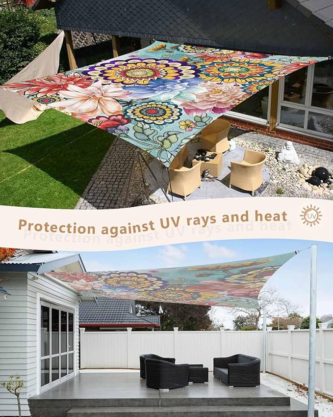 Sun Shade Sail 12'x16' Boho Floral Rectangle Sun Shade Sails Canopy Waterproof Mandala Flowers Plant Outdoor Sunshades Sand UV Block Cover Shade Cloth for Patio Backyard Garden Deck Porch Lawn