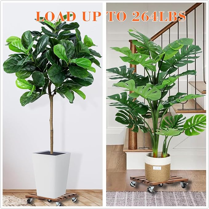 2 Pack Plant Stand with Wheels, 14" Rolling Plant Stand 264 LBS Heavy Duty Wooden Square Plant Caddy with Metal 360° Lockable Caster Wheels for Outdoor Indoor Large Plant Pots, Flower Pot, Patio
