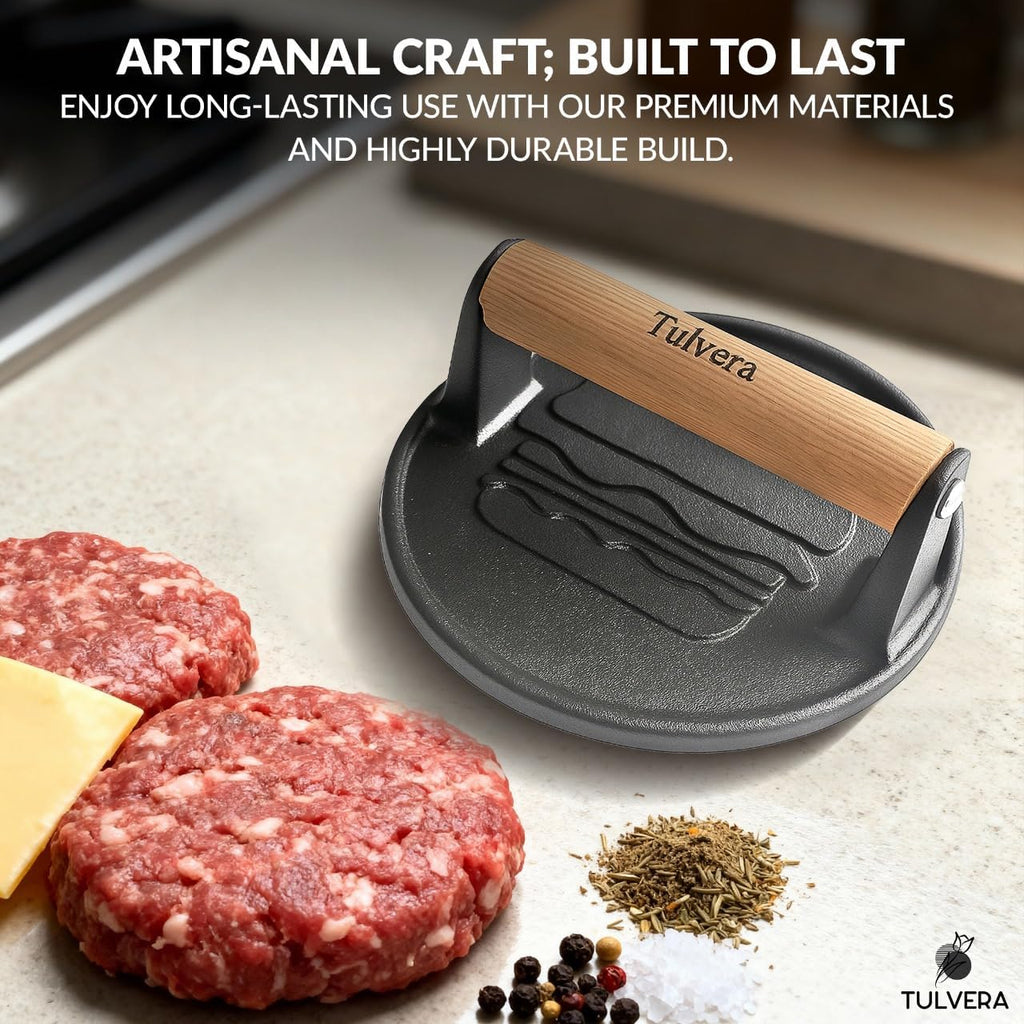 Smash Burger Press | Cast Iron Hamburger Smasher Tool | Flat-Edge Meat Press for Hamburgers, Bacon, Outdoor Kitchen | Griddle & Grilling Accessories | Pre-Seasoned | 6.1”