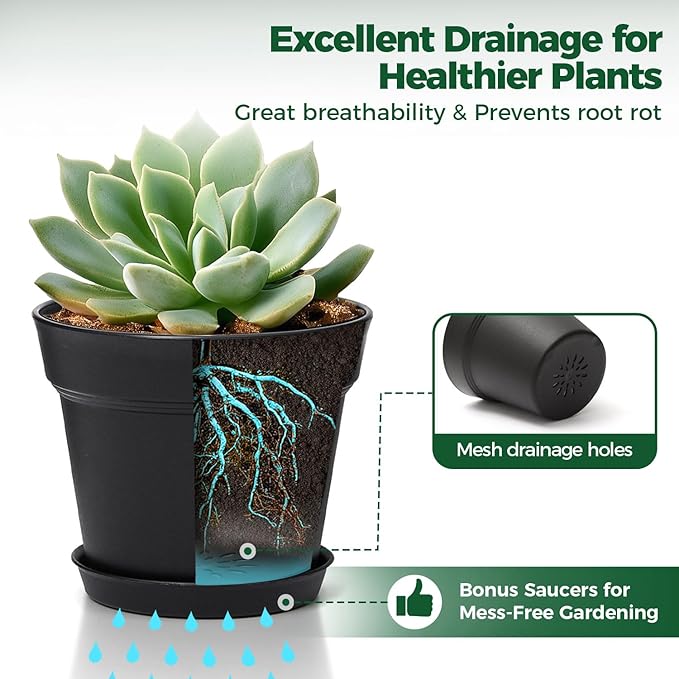 T4U Flower Pots 18-Pack, 5 Inch Plant Pot with Saucer and Drainage Hole, Durable Plastic Flower Pots, Small Pots for Plants, Violet, Succulent and Indoor Plant Decorative (18 Pack 5" Pot, Black)