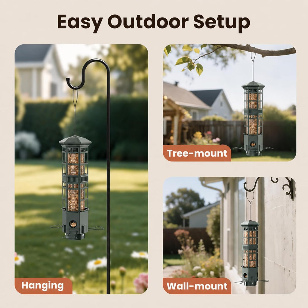 Metal Hanging Squirrel Proof Bird Feeders, Gravity Spring Closure System, Chew Resistant, Large Capacity, Weatherproof Bird Feeders for Outdoors, Olive Green