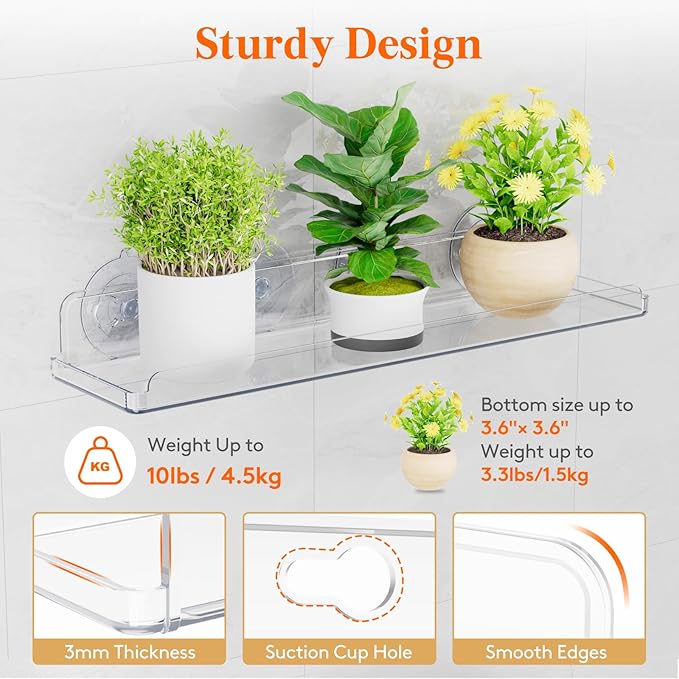 Lifewit Window Plant Floating Shelves 14.6x3.6, 3 Pack Acrylic Suction Cup Shelf, Window Sill Extender for Indoor Succulent Plants, Micro Greens, Seed Starter Pots, Herb Planters 37 x 9 cm/14.6x3.6