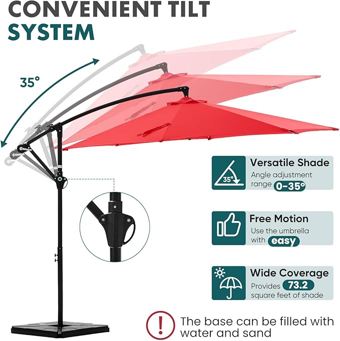 OLIXIS 9.7FT Offset Patio Umbrella with Base, Cantilever Table Umbrellas for Outdoor Sun Shade UV Protection with Easy Tilt Adjustment, 8 Ribs for Backyard, Lawn, Garden, Pool - Red