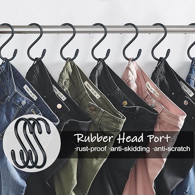 3 Inch Vinyl Coated S Hook,S Hooks for Hanging Plants ,10 Pack Non Slip Heavy Duty S Hooks ,Small Rubber Coated Steel Metal Black Closet S Hook for Hanging Jeans Plants Jewelry Pot Pan Cups Towels