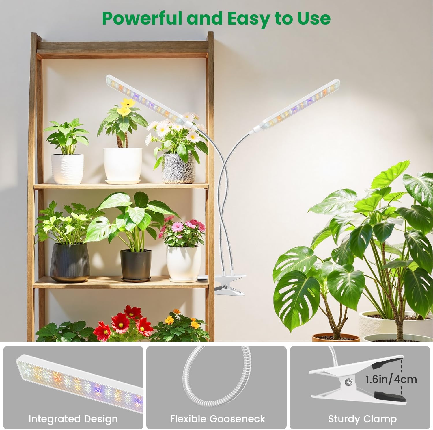 Aumtrly Plant Lights for Indoor Growing, 2 Head White Clip on Grow Lamp | 114 LED Full Spectrum, for Seed Starting, 6/12/16H Timer, 5 Dimming, 3 Light Modes, Flexible Gooseneck, Use Desk and Shelves