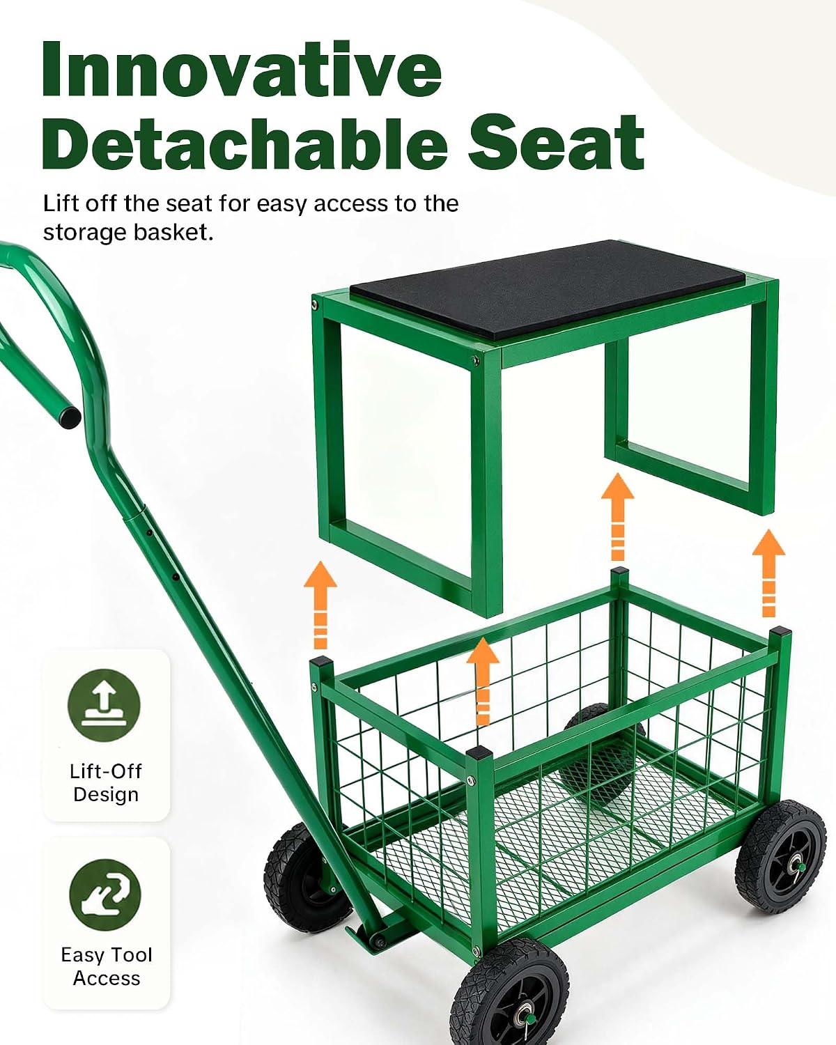 hulisen garden cart with detachable seat, rolling garden, side view