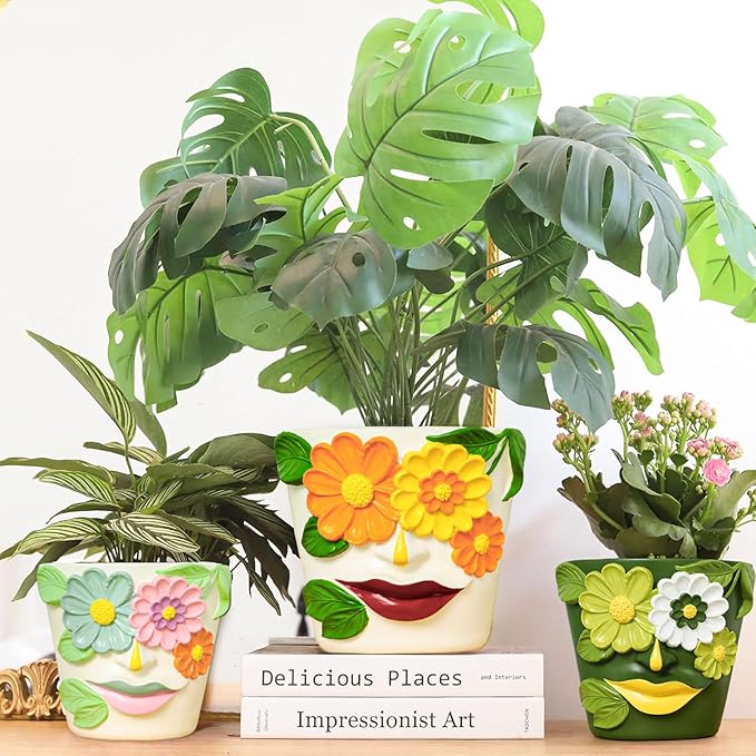 GUGUGO 8 Inch Large Flower Face Planters, Abstract Unique Head Plant Pot with Drainage, Rainbow Colorful Cute Flower Plant Pots for Indoor Plants, Funny Gardening Pot Gift Home Décor, Blue&Pink