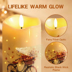 Fall Fiber Optic Flameless Pillar Candles with Remote Set of 3 | Pumpkin Maple Leaf LED Candles Flickering, 3 AA Battery Operated, Harvest Autumn Home Table Shelf Decor