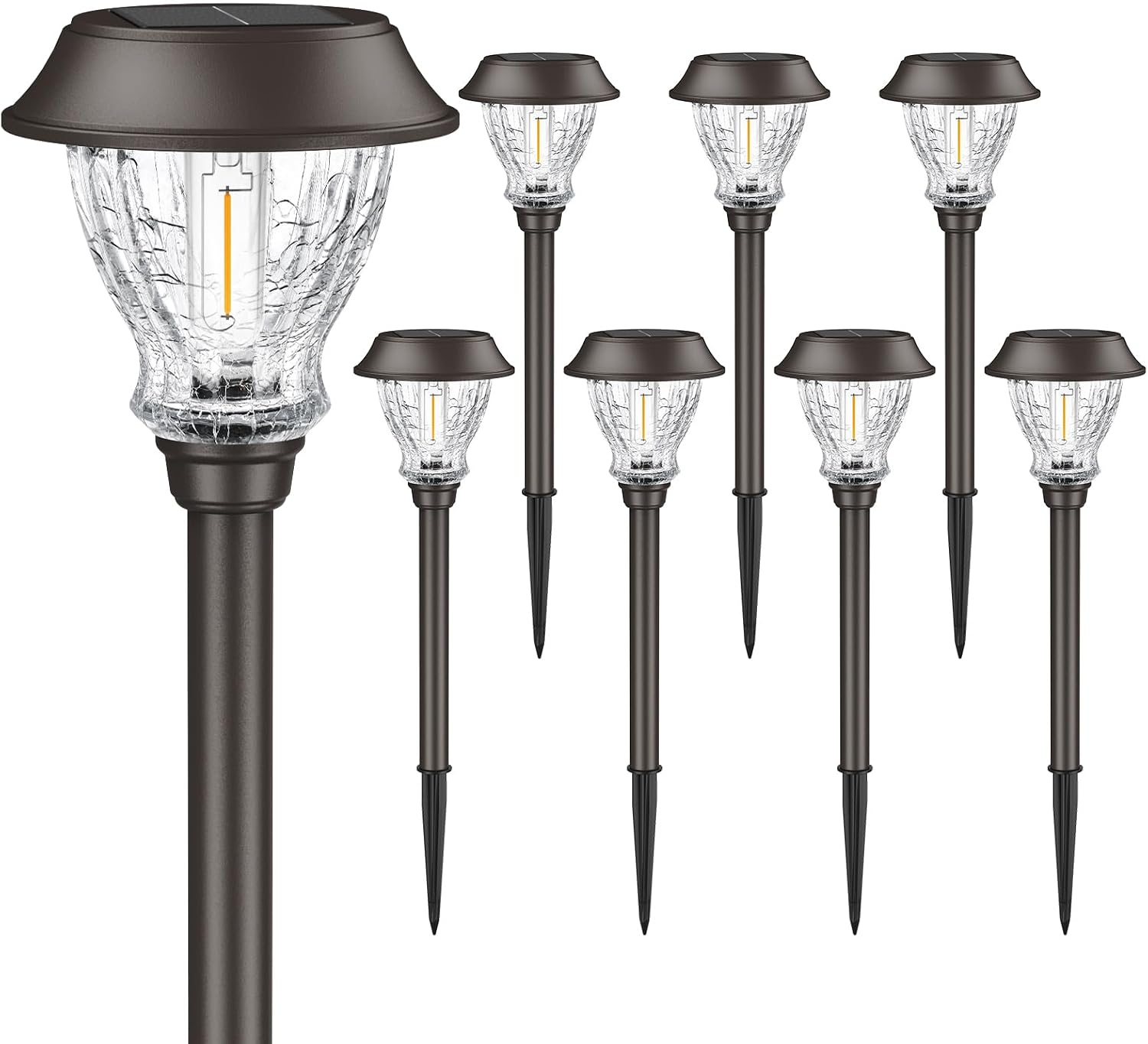 XMCOSY+ Solar Pathway Lights Outdoor, 8 Pack Warm White Solar Garden Lights | Crackled Glass & Metal, IP65 Waterproof, Auto On/Off Soft 2700K LED Edison, Landscape Lights for Yard Walkway Driveway Path