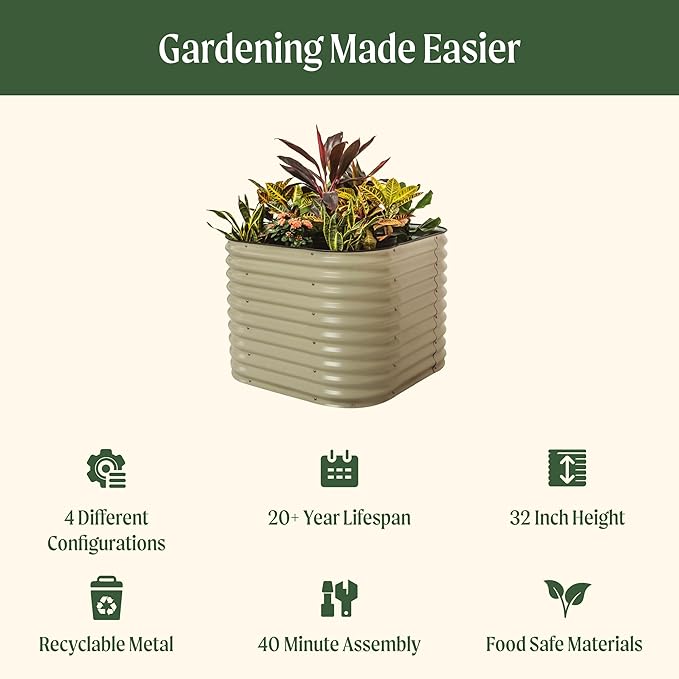 32" Extra Tall Raised Garden Bed Kits, 3.5 x 3.5 x 2.7ft Raised Planter Box Outdoor, 2 x 5 x 2.7ft Deep Root 4 in 1 Modular Metal Raised Beds for Gardening Vegetables Flowers Fruits - Modern Gray
