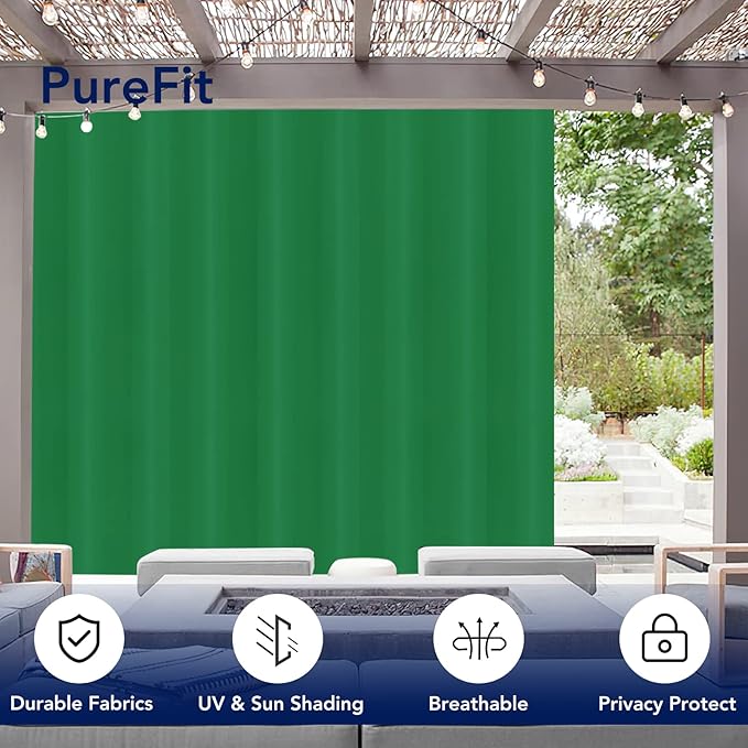 PureFit Outdoor Curtains for Patio Waterproof Weatherproof, UV and Fade Resistant Outside Curtains for Gazebo, Front Porch, Pergola, Sun Blocking Privacy Curtain, 100W x 84L inch, 1 Panel, Green