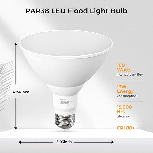 10 Pack PAR38 Outdoor Flood Light Bulbs, LED Flood Light Bulb Warm White 2700K, 100W Equivalent, 1050LM, Dimmable E26 Base for Porch Garage Yard