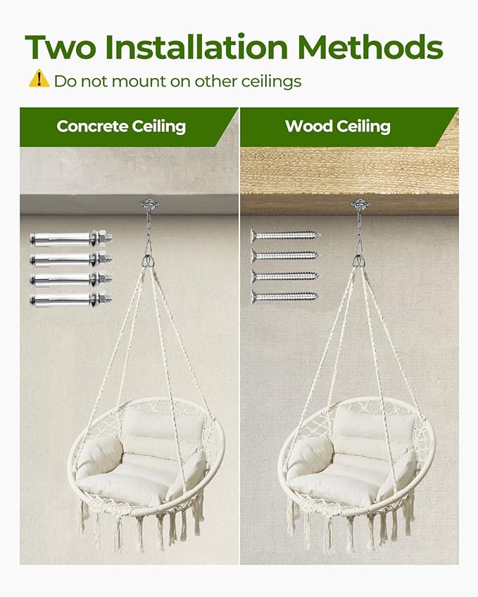 Greenstell Hammock Chair, Macrame Swing Chair with Comfy Cushion, Boho Hanging Chair for Outdoor & Indoor, Perfect for Bedroom, Patio, Balcony, Hold up to 330Lbs, Beige