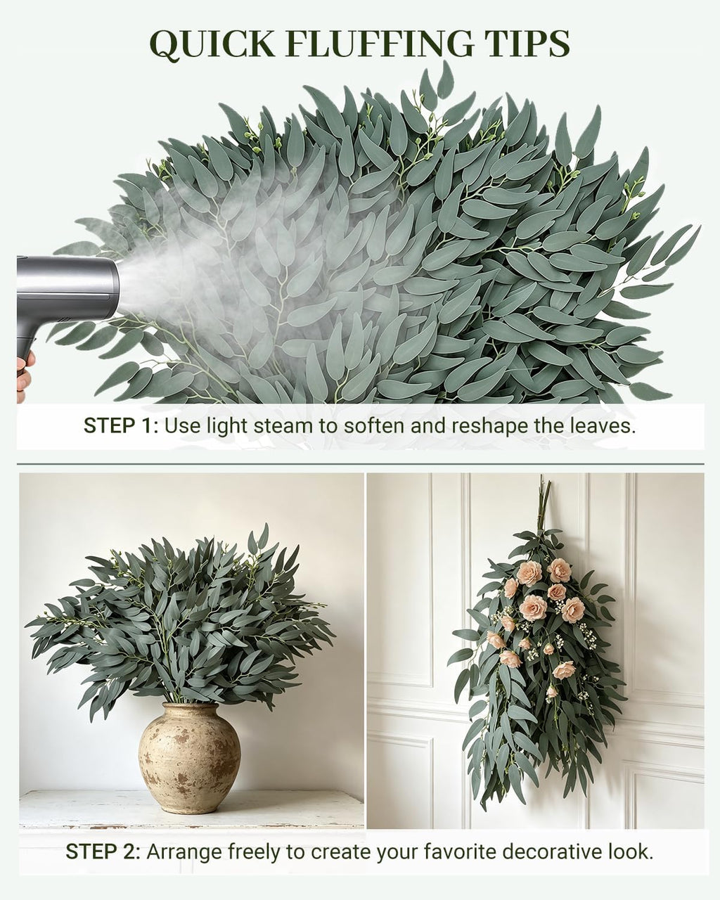 artificial italian ruscus greenery 21" long stems, gray, front angle view