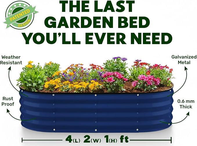 Plant & Plot Galvanized Raised Garden Beds Outdoor // 4×2×1 ft Planter Raised Beds for Gardening, Vegetables, Flowers // Large Metal Garden Box (Navy) // Patented Tool-Free Design