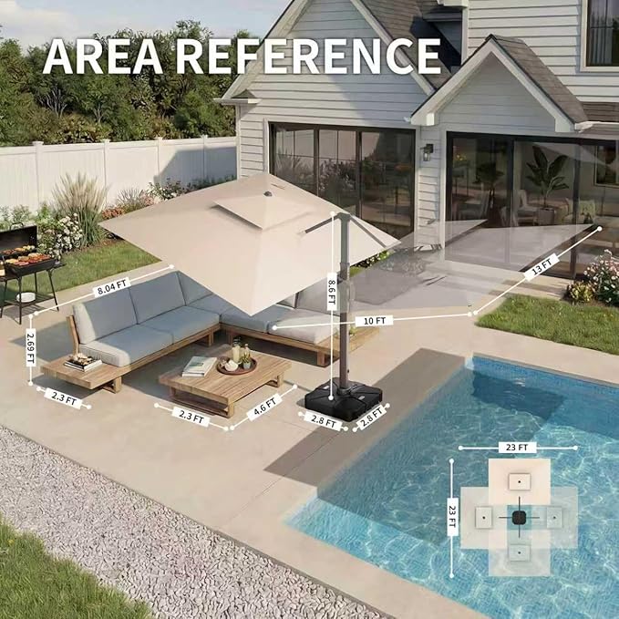 10 X 13 FT Cantilever Patio Umbrella with Led Lights and Base Included Outdoor Heavy Duty Double Top Rectangle Offset Umbrellas with 360-degree Rotation for Pool Deck Backyard, Beige