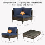 Grand patio 5-Piece Wicker Patio Furniture Set, Retro Outdoor Sectional Sofa with Water Resistant Blue Thick Cushions Coffee Table, Brown