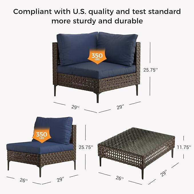 Grand patio 5-Piece Wicker Patio Furniture Set, Retro Outdoor Sectional Sofa with Water Resistant Blue Thick Cushions Coffee Table, Brown