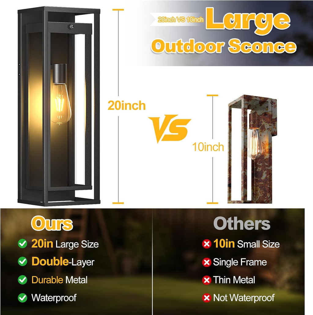 20in Large Outdoor Wall Light Dusk to Dawn Sconce Exterior Lighting Fixture | Waterproof, Black Modern Metal, Anti-Rust, E26 Socket, Outside Porch Lights, Lantern for Entryway Patio, House Garage, 2 Pack