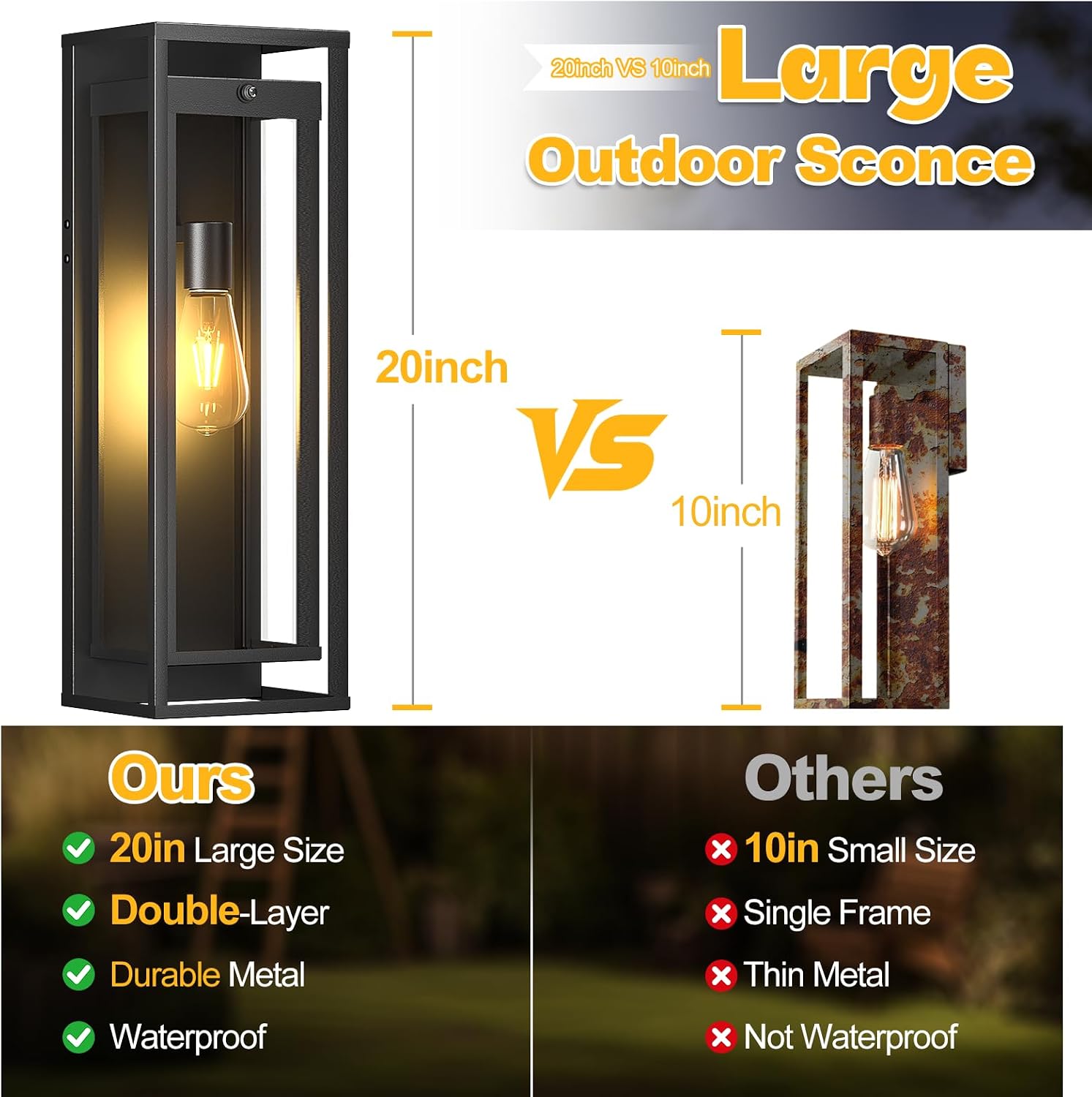 20in Large Outdoor Wall Light Dusk to Dawn Sconce Exterior Lighting Fixture | Waterproof, Black Modern Metal, Anti-Rust, E26 Socket, Outside Porch Lights, Lantern for Entryway Patio, House Garage, 2 Pack