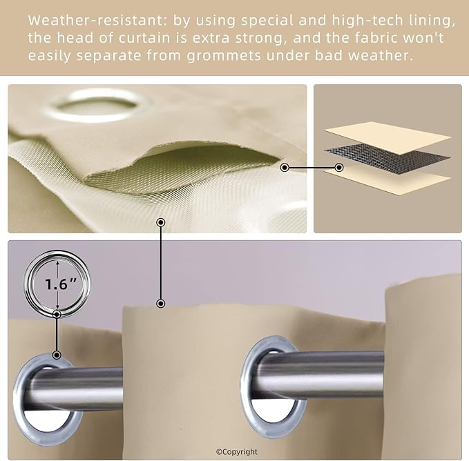 DIVA EN CAMINO DEC Outdoor Patio Curtain Waterproof Darkening Thermal Insulated Indoor Curtains for Bedroom, Porch, Living Room, Pergola, Cabana, W52 x L72, Beige, Set of 2 Panels