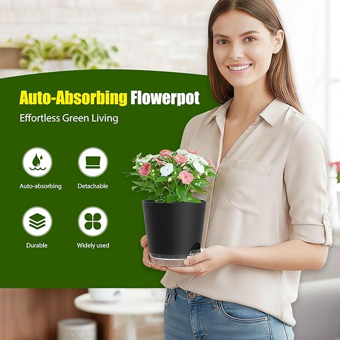 Plant Pots 7 Inch Self Watering Pots, 6 Pack Plastic Planters with Drainage Holes and Clear Saucers,Plastic Flower Pots for Indoor Out Door Plants (Black)