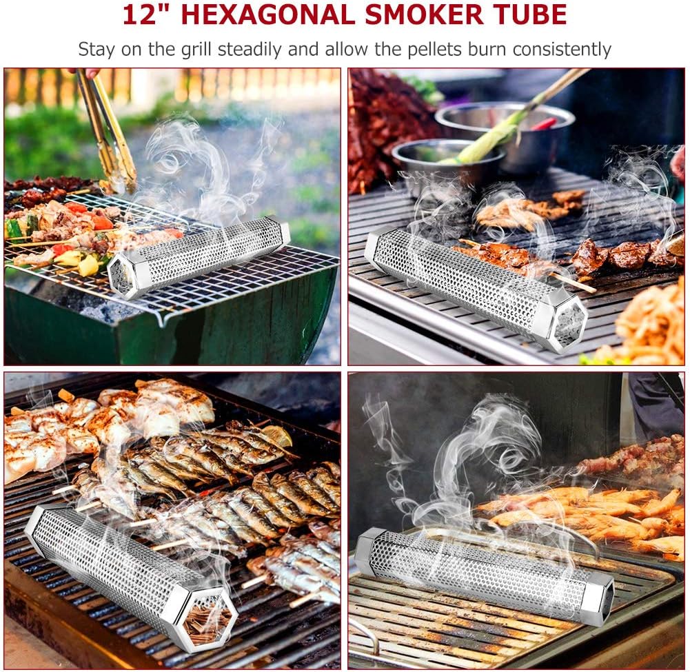 12” Smoke Tube for Pellet Smoker, Hot/Cold Smoking on Grill 5hrs | Stainless Steel 12" Smoker Tube with Wood Pellet or Chips, Hot or Cold Smoking on any Grill or Smoke for 5 Hrs, Easy to Clean
