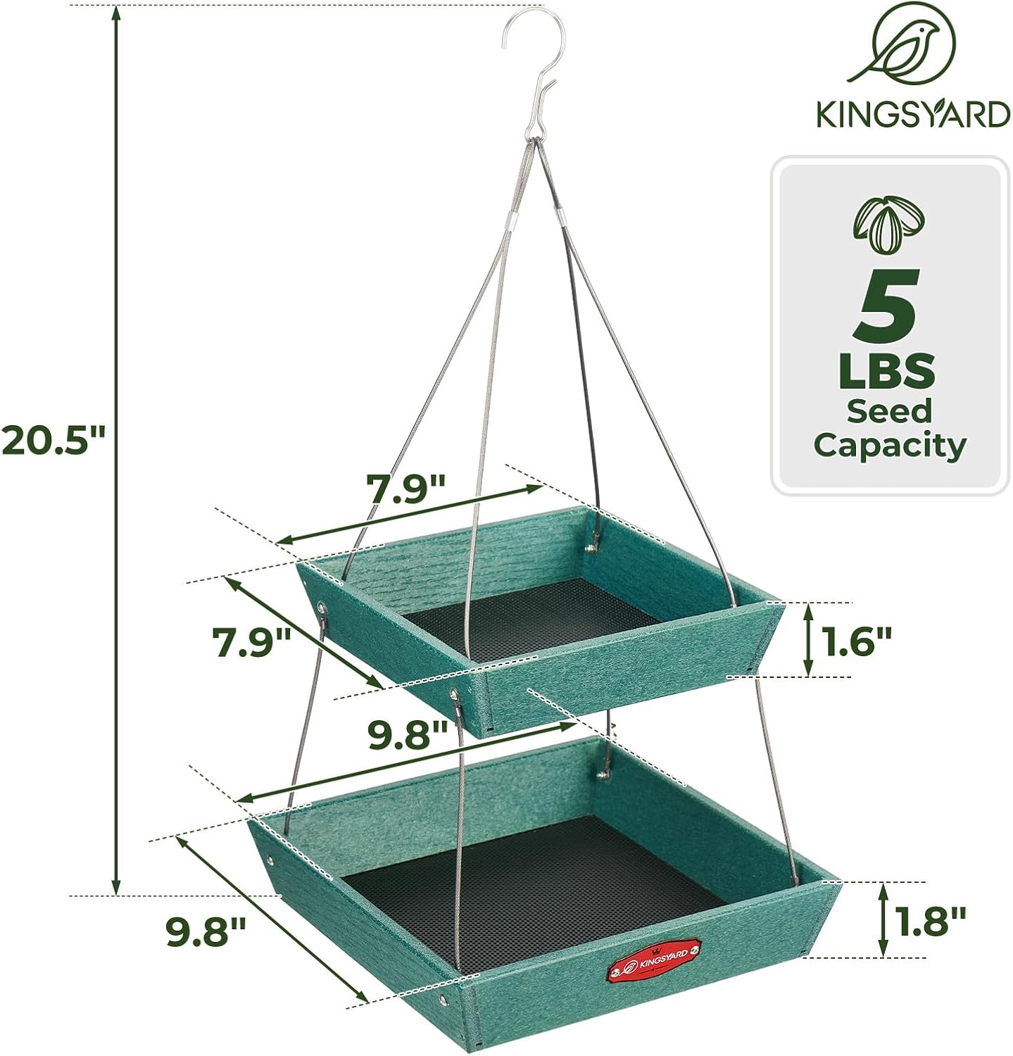 Kingsyard 2 Tier Large Platform Bird Feeder for Outdoors Hanging | Large Recycled Poly Lumber Tray, 5 Lbs Capacity, Garden Decoration Attracts Cardinal Bluebird Goldfinch, Green