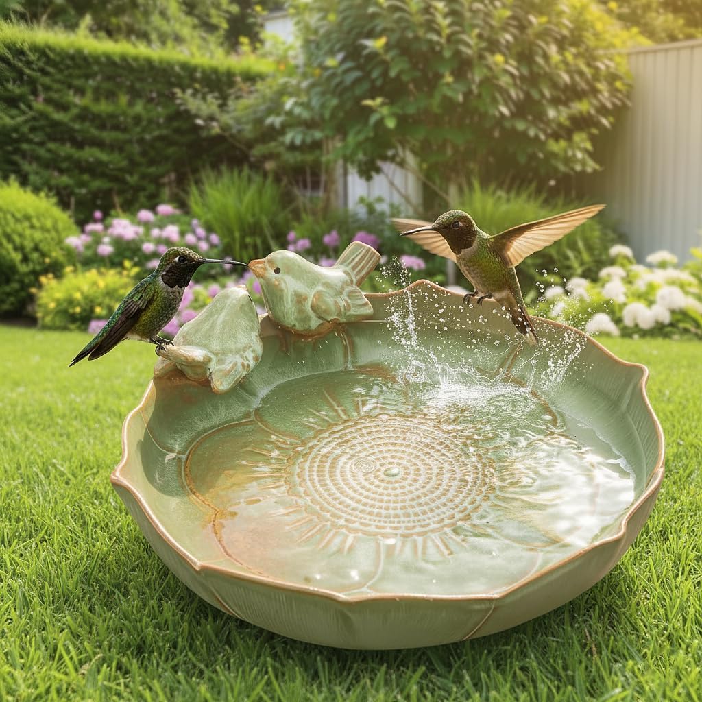 Ceramic Bird Bath for Outside on Ground，Heavy Duty Bird Feeders,Birdbath for Outdoors, Green Bird Baths Bowl for Garden,Table Deck, Balcony, Lawn (Bowl Only)