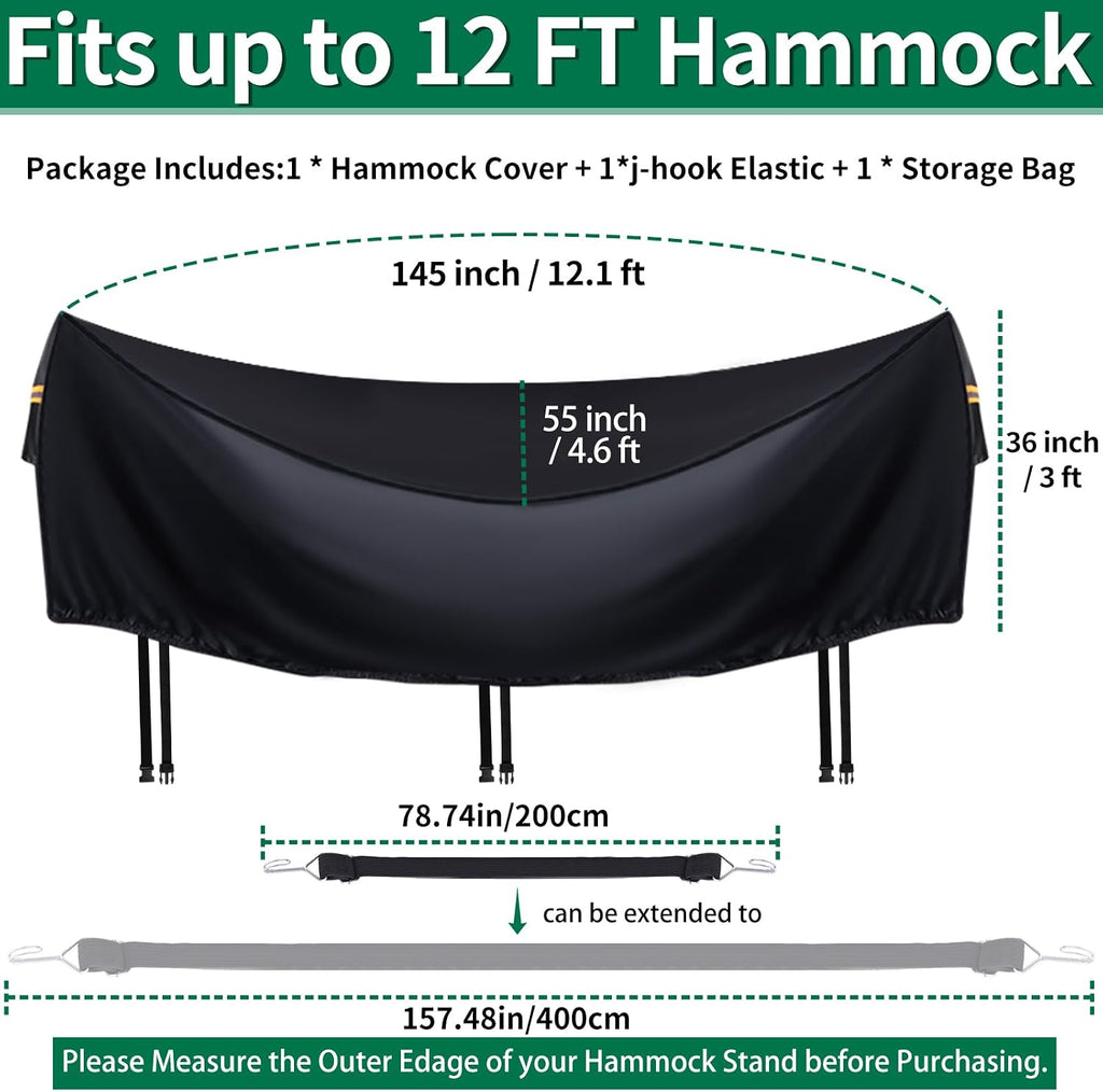 Hammock Covers Waterproof Outdoor 420D for 10-12 ft Stand | 420D Oxford, Fully Taped Seams, 3 Windproof Buckles, 2 Air Vents, Reflective Handle, 1 Elastic Cord, for Patio Garden
