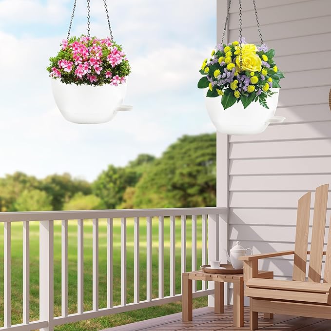 12 inch Hanging Planters for Indoor Plants, 2 Pack Self-Watering Hanging Planter Pots with Chain and Drainage Holes, Outdoor Plastic Hanging Baskets for Garden Home Decor (White, 2pcs/12inch)