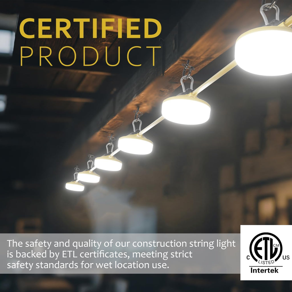 LED Construction String Lights 100FT, 10000 LM, 5000K Daylight LED String Work Lights, 100W Temporary Lighting for Job Site Outdoor Indoor, IP65 Waterproof Temporary Construction Lights, ETL Listed