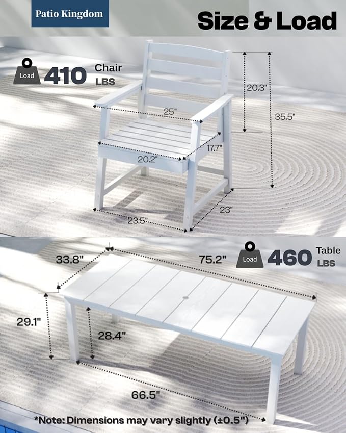 7-Piece White Outdoor Dining Set with White 15FT Large Patio Umbrella, 75.2'' HDPE Table & Chairs for 6, Weather-Resistant Furniture with Umbrella Hole for Patio, Lawn, Poolside