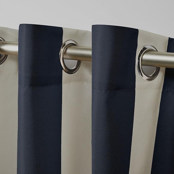 Exclusive Home Canopy Stripe Indoor/Outdoor Grommet Top Curtain Panel, 54"x84", Navy / Sand, Set of 2