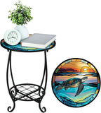 Outdoor Side Table Round Small Mosaic Patio Accent Indoor End Plant Coffee Tea Table for Yard Patio Porch Garden Living Room, Bedroom(Turtle Style,16 Inch)