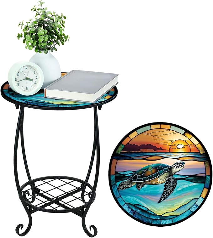 Outdoor Side Table Round Small Mosaic Patio Accent Indoor End Plant Coffee Tea Table for Yard Patio Porch Garden Living Room, Bedroom(Turtle Style,16 Inch)