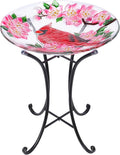VCUTEKA Outdoor Bird Bath, Glass BirdBath with Metal Stand for Garden Decor | 18" D 22" H Bird Baths for Outdoors, Glass Cardinal Large Bird Bath for Garden, Bird Lovers, Yards, Patio, Decor