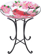 VCUTEKA Outdoor Bird Bath, Glass BirdBath with Metal Stand for Garden Decor | 18" D 22" H Bird Baths for Outdoors, Glass Cardinal Large Bird Bath for Garden, Bird Lovers, Yards, Patio, Decor