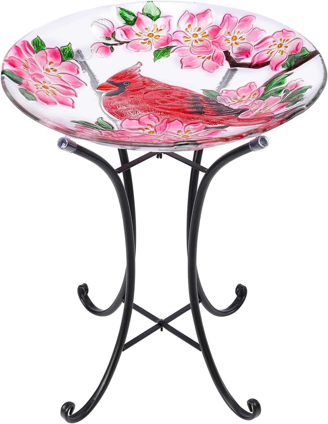 VCUTEKA Outdoor Bird Bath, Glass BirdBath with Metal Stand for Garden Decor | 18" D 22" H Bird Baths for Outdoors, Glass Cardinal Large Bird Bath for Garden, Bird Lovers, Yards, Patio, Decor